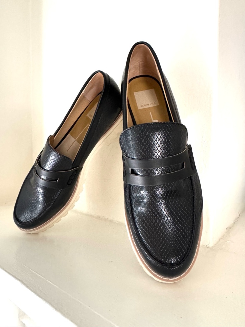Dolce Vita Black Textured Penny Loafers with chunky cream sole